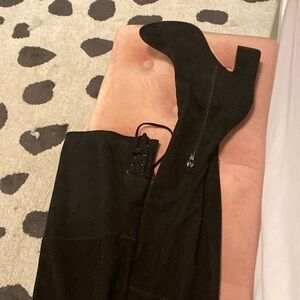 Black velvour micro fiber 9M skinny boots thigh high Unstilli brand DSW